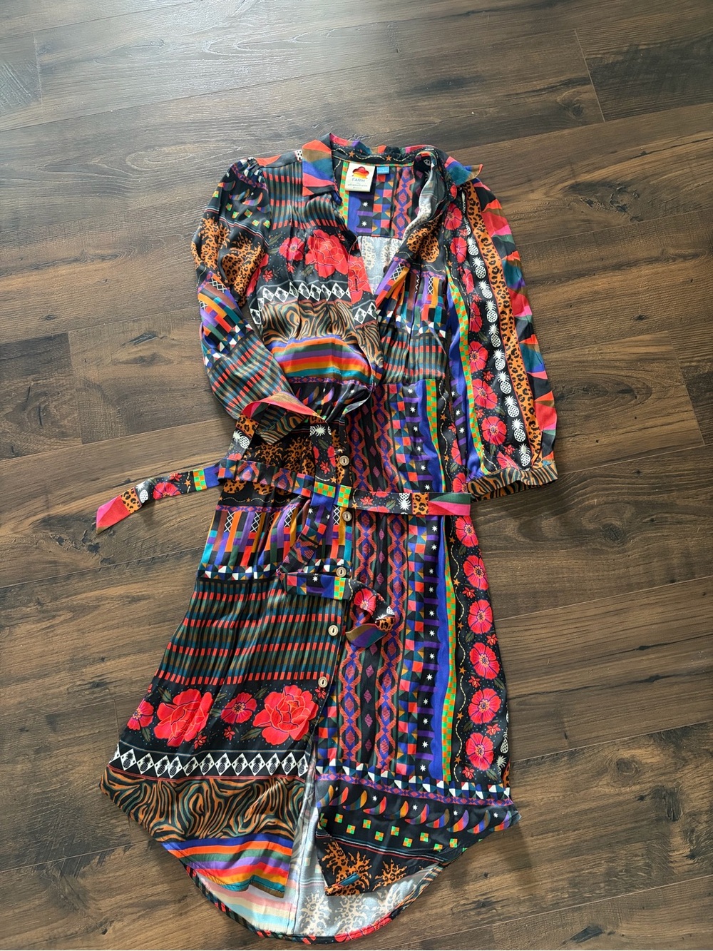 FARM Rio Multicolor Patchwork Midi Dress - Red, Black, Blue, Green